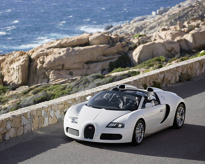 White Bugatti, Manufactured by Volkswagen, rock, volkswagen, ocean, bugatti, car, nature, white, esports, fast, HD wallpaper