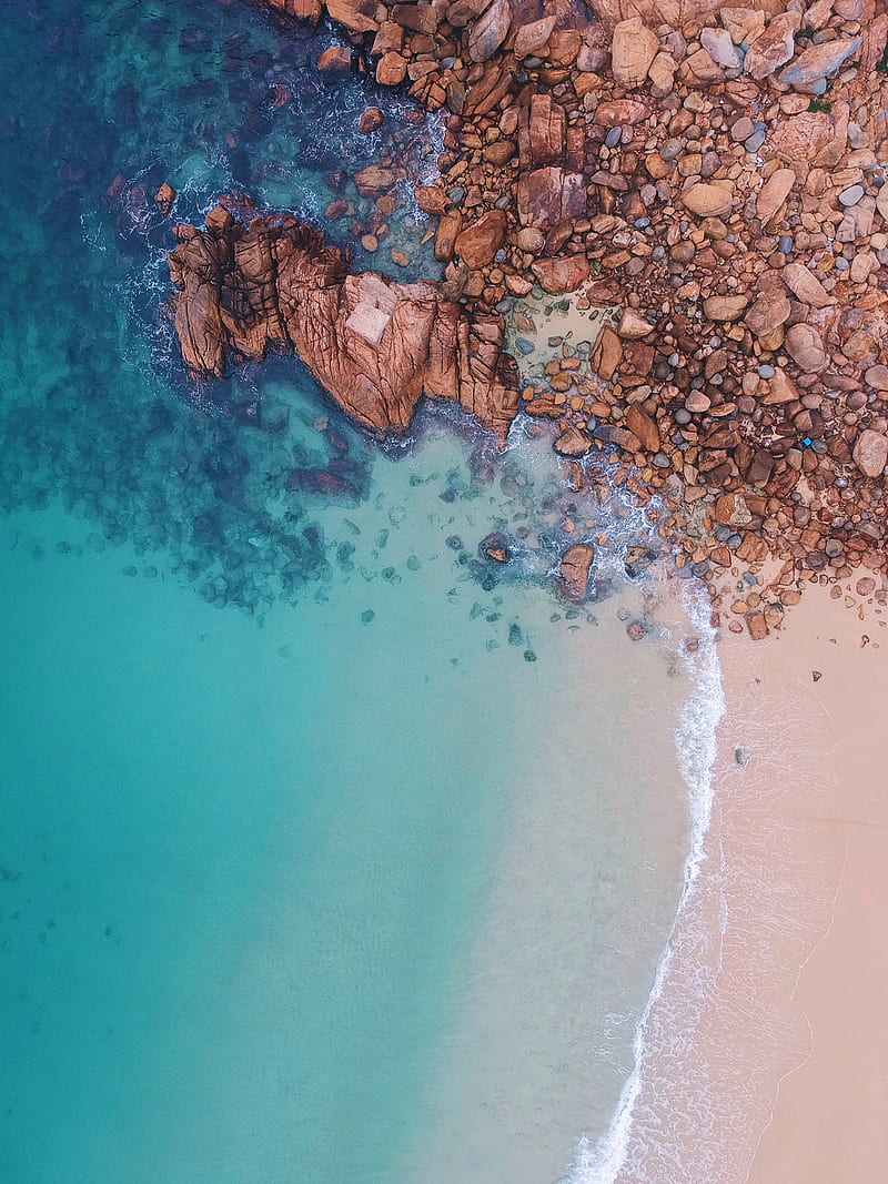 ocean, aerial view, stones, water, sand, HD phone wallpaper