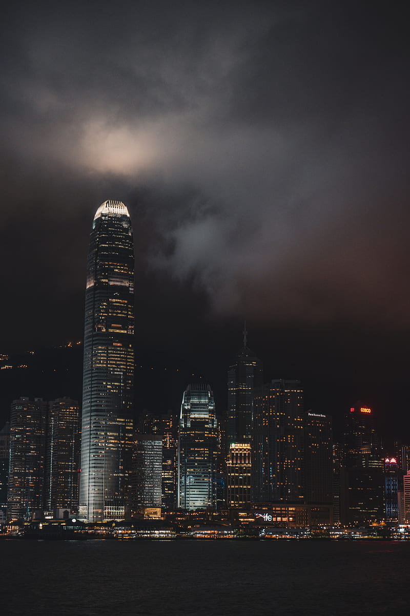 night city, skyscraper, lights, hong kong, HD phone wallpaper