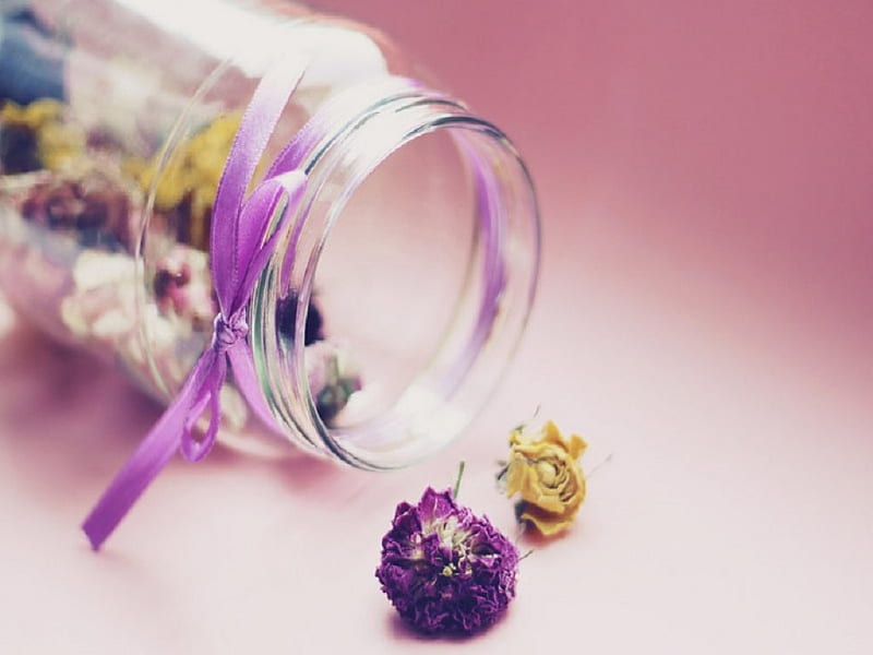 Jar Of Summer, jar, summer, flowers, potpourri, pink ribbon, dried, HD wallpaper