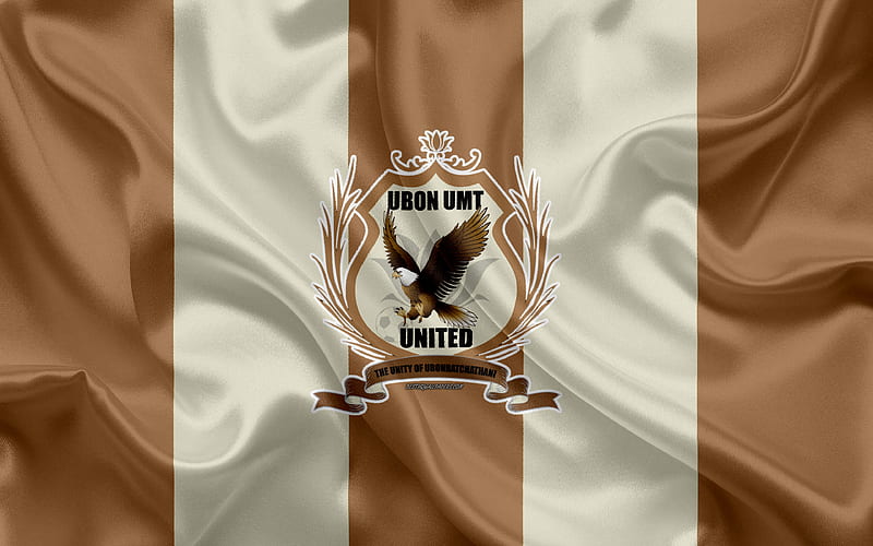 Ubon UMT United FC logo, silk texture, Thai football club, brown flag, Thai League 1, Ubon Ratchathani, Thailand, football, Thai Premier League, Ubon FC, HD wallpaper