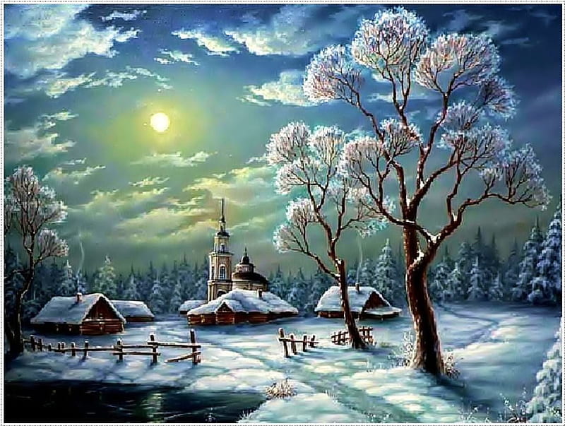 Winter Village, sun, houses, church, trees, artwork, firs, snow, painting, landscape, HD wallpaper