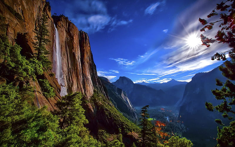 Yosemite with Forest Fire, sky, valley, mountains, waterfall, trees, clouds, HD wallpaper