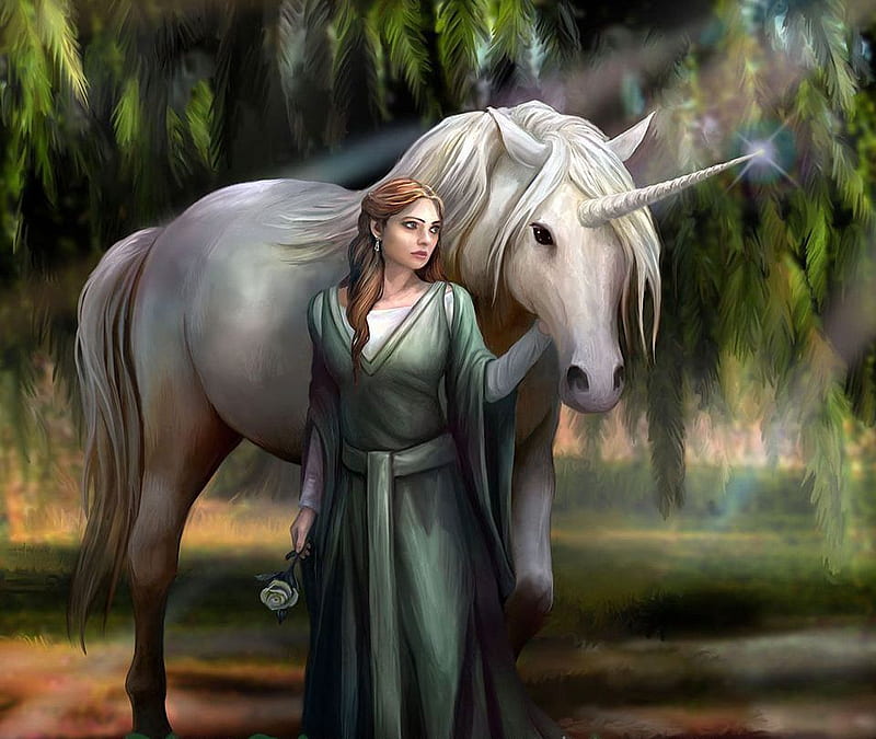 Everglade, art, horse, girl, unicorn, digital, HD wallpaper