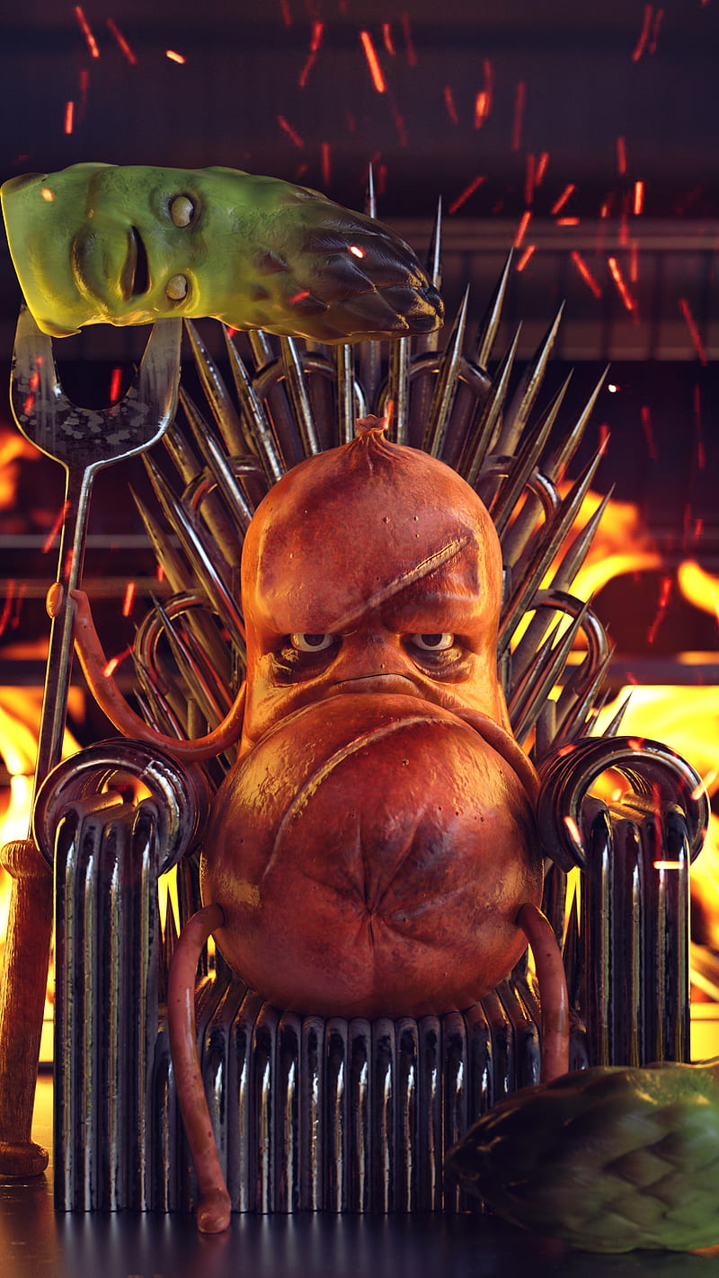 The king in the BBQ, The, angry, asparagus, barbacoa, barbecue, bbq, carnivoro, chispas, cool, divertido, enfadado, fire, fire, funny, game of thrones, got, guay, iron, king, meat, rey, salchicha, sausage, sg, spark, throne, torno, vegan, vegano, HD phone wallpaper