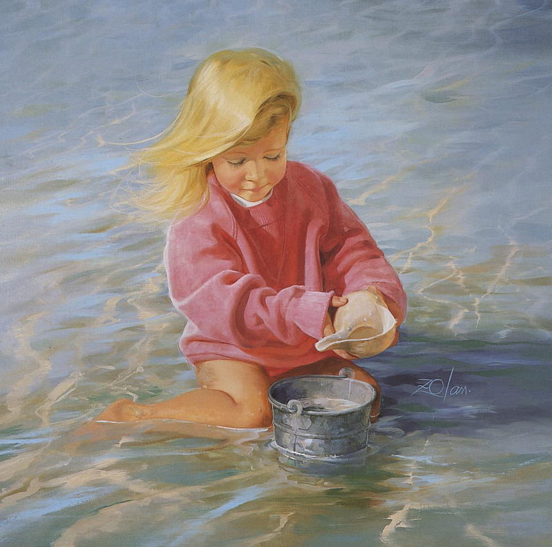 Sea Shell, art, sand, girl, painting, bucket, sea, HD wallpaper
