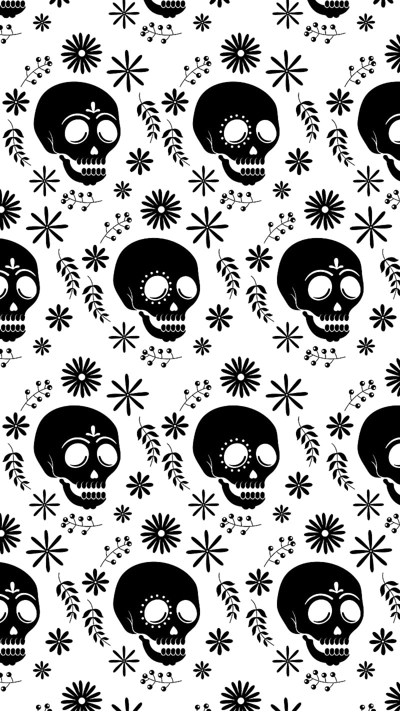 Skulls white, black, dark, skull, creneos, diademuertos, muertos, pattern, blackandwhite, cute, HD phone wallpaper