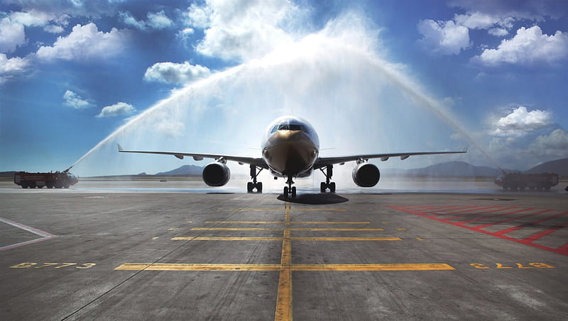 water salute for maiden flight of airbus A330, runway, plane, water, fire trucks, passenger, HD wallpaper
