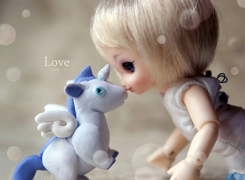 Doll and unicorn, cute, doll, unicorn, toys, HD wallpaper