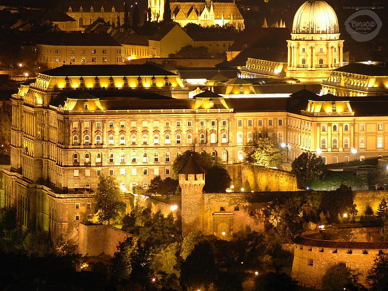 Buda Castel, Budapest Hungary, towers, illumination, large, dome, at night, castle, lights, HD wallpaper