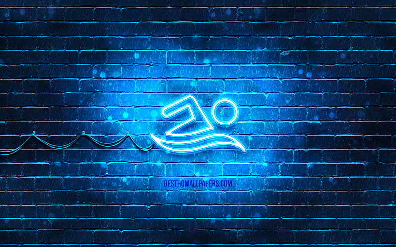 Swimming neon icon blue background, neon symbols, Swimming, neon icons, Swimming sign, sports signs, Swimming icon, sports icons, HD wallpaper