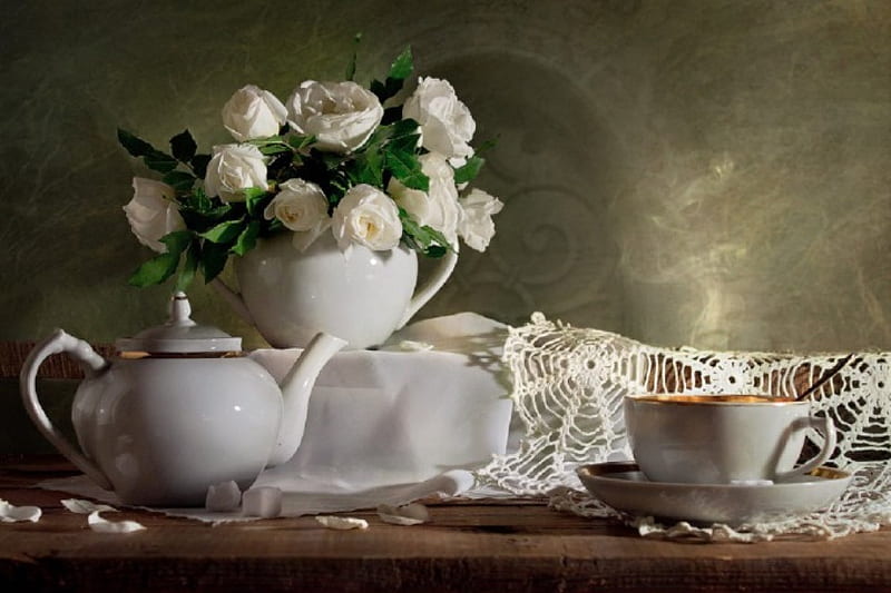 tea time with roses, still life, tea time, flowers, roses, white, HD wallpaper