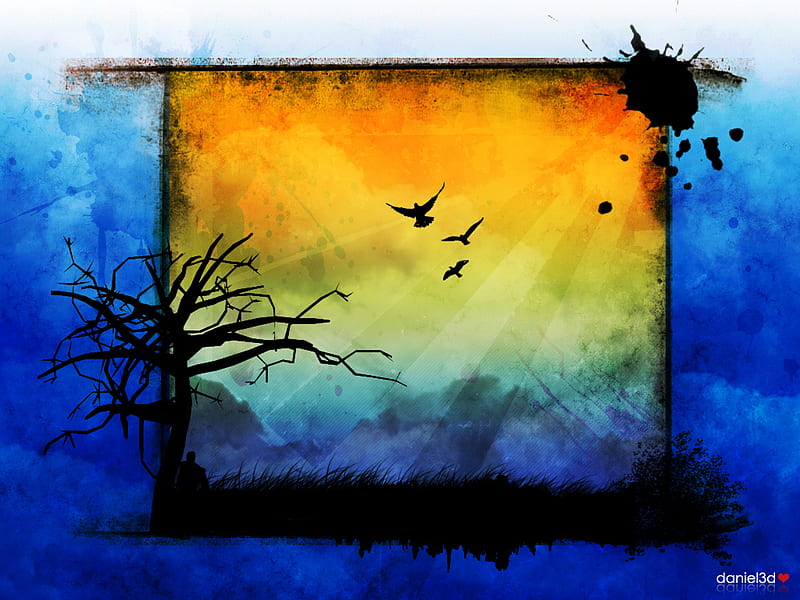 The Window, tree, 3d, ink, splotches, colors, abstract, HD wallpaper