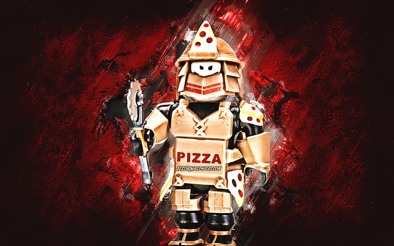 Loyal Pizza Warrior, Roblox, red stone background, Roblox characters, Loyal Pizza Warrior Roblox, HD wallpaper
