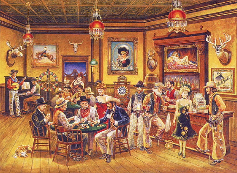 Western Saloon, painting, saloon, cowboy, western, HD wallpaper