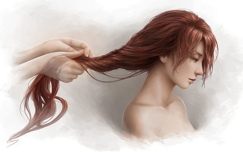 :-), hair, art, fantasy, luminos, girl, jason peng, redhead, hand, HD wallpaper