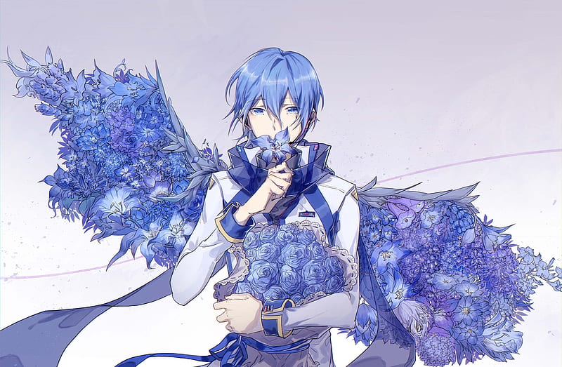 Kaito, vocaloid, wings, male, angel, manga, man, anime, flower, blue, HD wallpaper