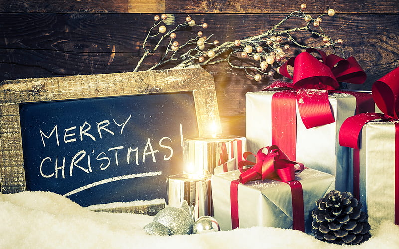 Merry Christmas, wooden board, Happy New year, xmas decoration, candles, gifts, Christmas, xmas, HD wallpaper