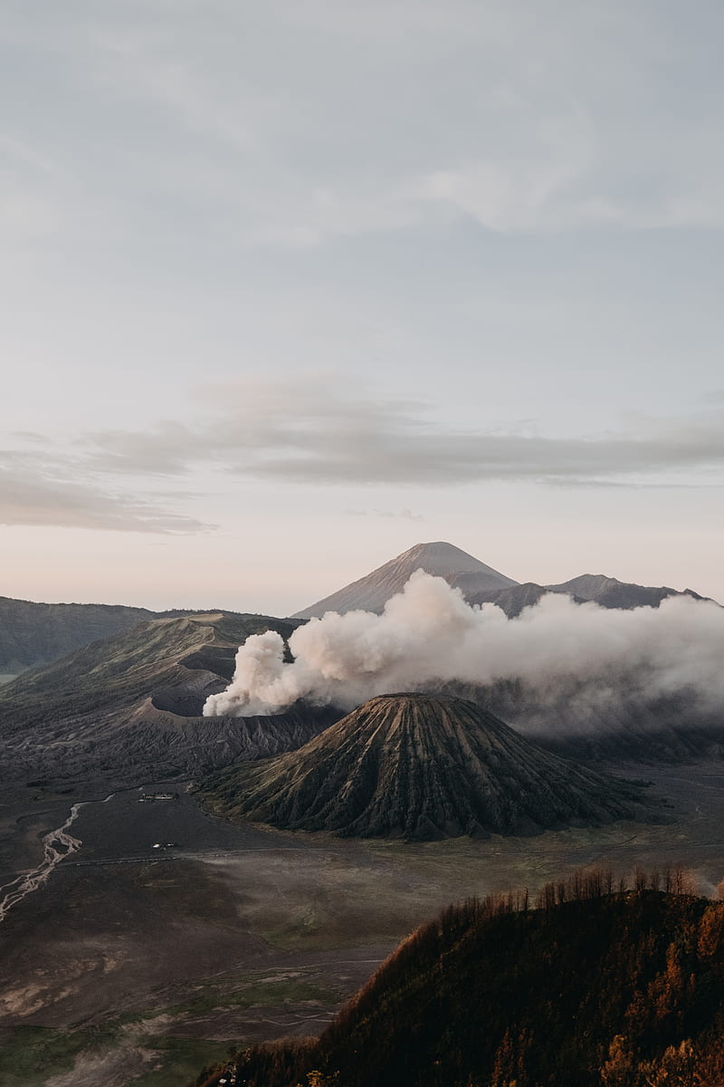 volcano, craters, smoke, eruption, relief, volcanic, HD phone wallpaper
