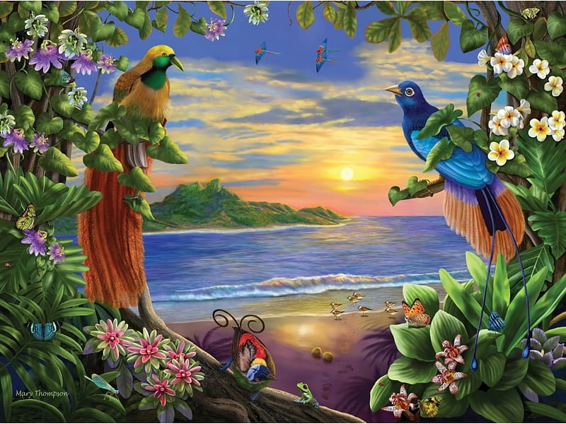 Paradise birds, art, pasare, sea, beach, water, vara, bird, paradis, painting, summer, pictura, HD wallpaper