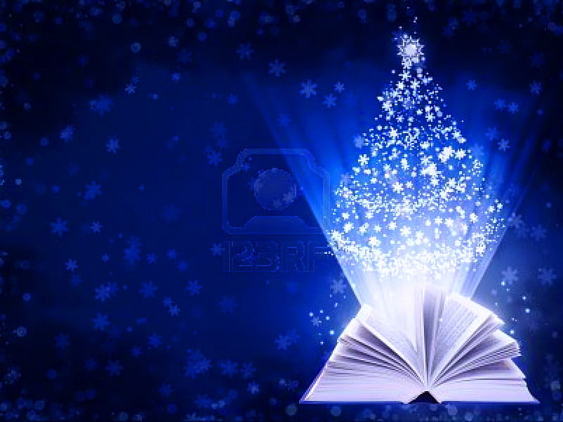 Christmas magic, tree, christmas, book, white, blue, HD wallpaper