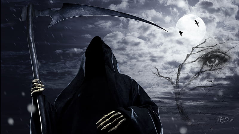 The Reaper, eye, dark, full moon, Halloween, collage, ravens, Firefox theme, death, trees, reaper, HD wallpaper