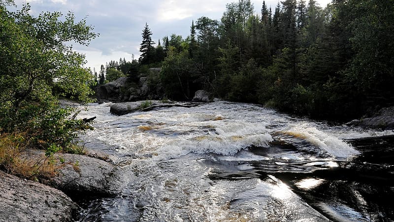 Late Day Rapids at Tulabi Falls, Manitoba, clouds, river, cascades, trees, canada, landscape, forest, sky, HD wallpaper
