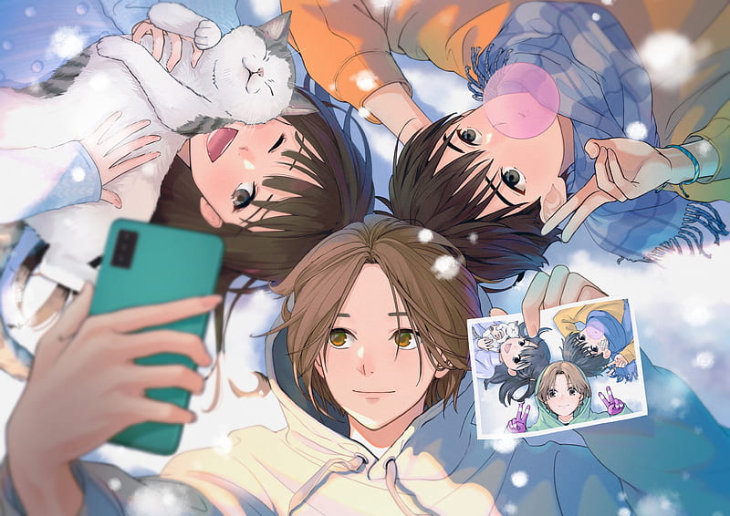 Anime, Friends, Boy, Bubble Gum, Cat, Girl, Phone, graphy, HD wallpaper
