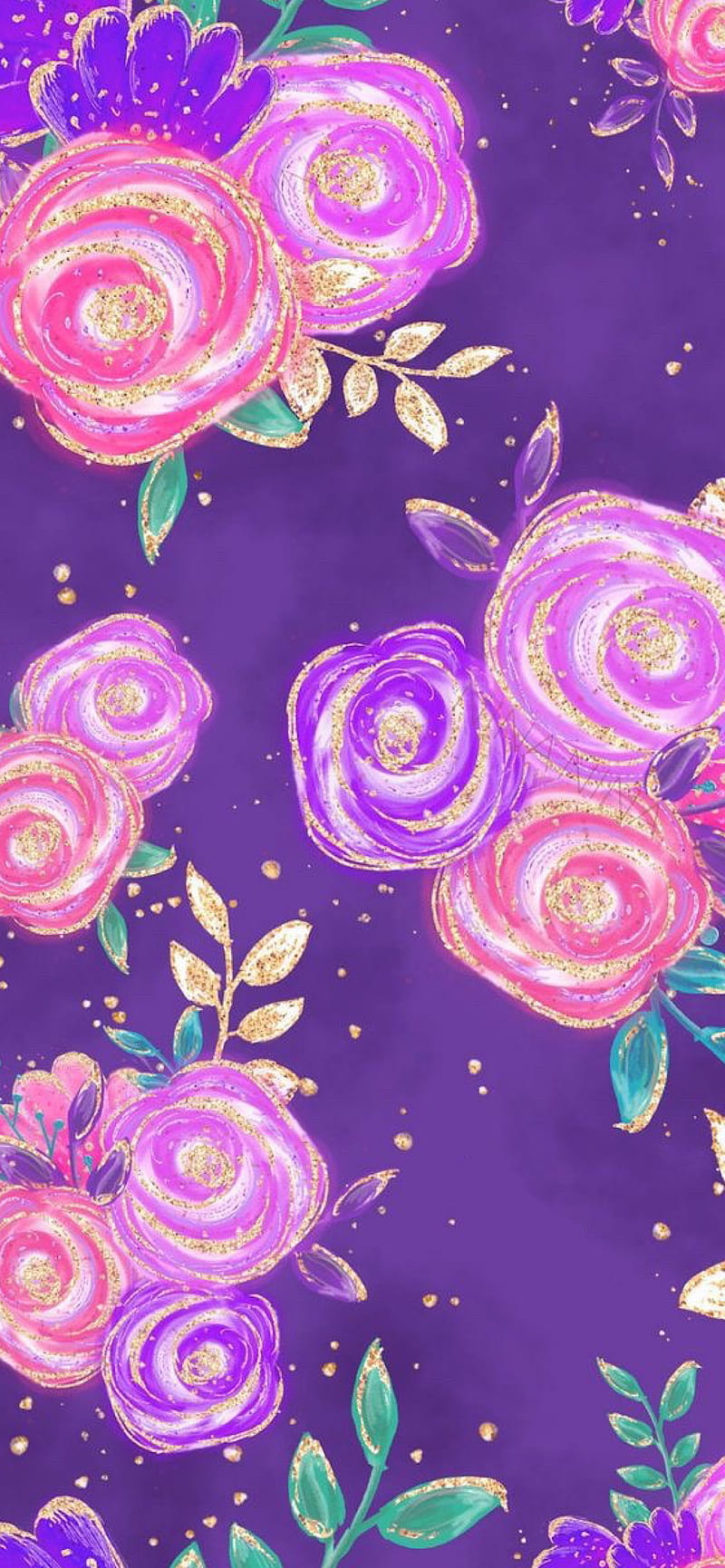 Purple Flowers, cute, girly, glitter, gold, pink, rose, roses, sparkles, HD phone wallpaper