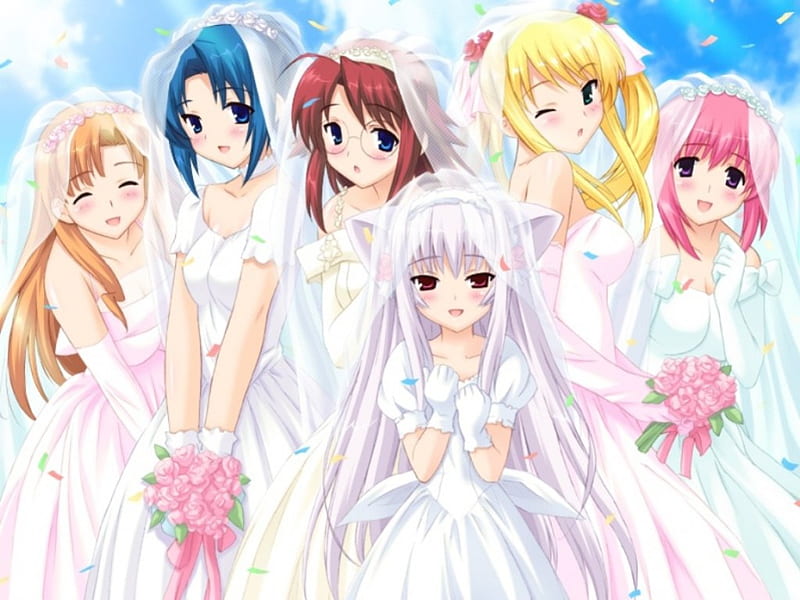 Brides, pretty, veil, blush, adorable, sweet, floral, nice, anime, beauty, anime girl, long hair, lovely, twintail, gown, blonde, happy, blushing, dress, blond, bride, bonito, twin tail, blossom, ir, wed, female, brown hair, blonde hair, smile, twintails, wedding, twin tails, blond hair, kawaii, girl, bouquet, blue hair, flower, pink hair, HD wallpaper