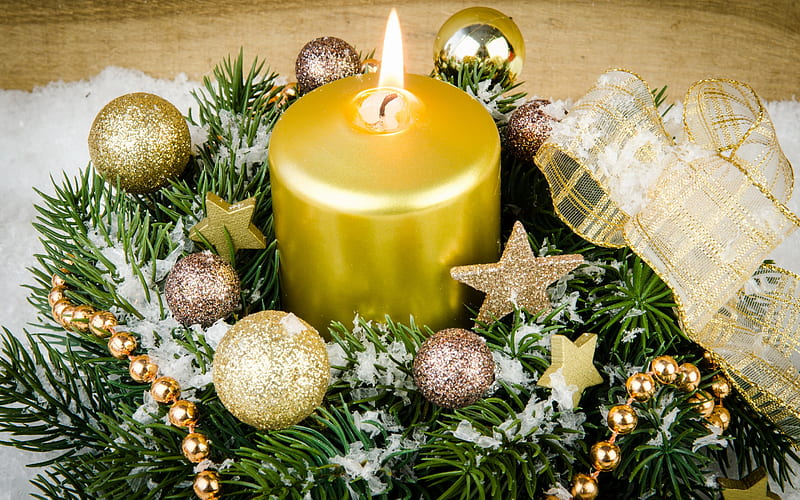 Christmas, golden candle, New Year, decoration, golden Christmas balls, merry christmas, xmas, HD wallpaper