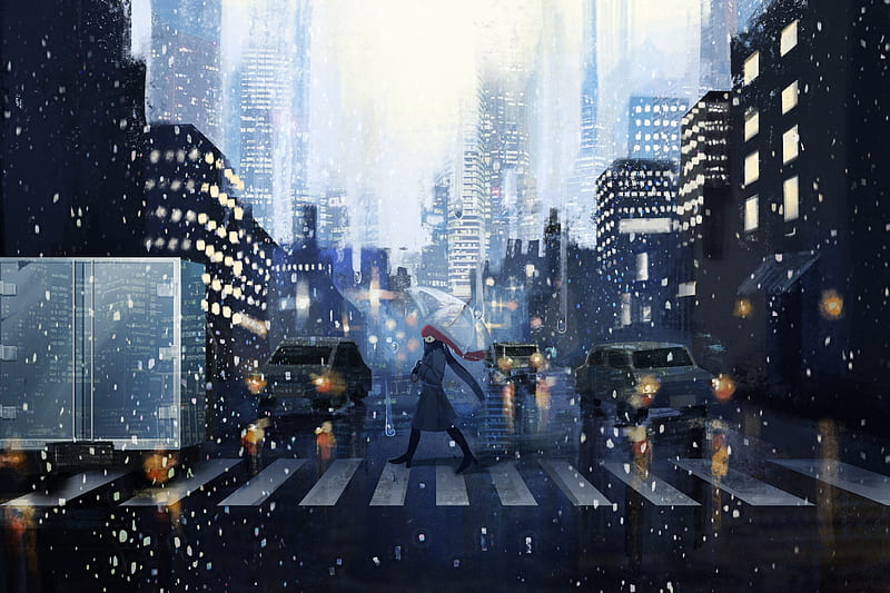 anime girl, walking, street, snow, carros, urban, buildings, scarf, Anime, HD wallpaper