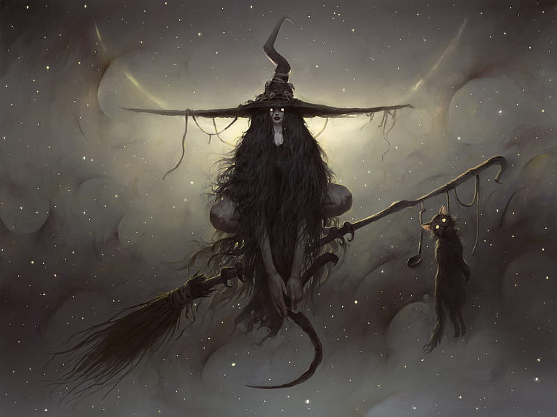 Dark, Witch, Broom, Girl, Long Hair, Hat, Creepy, HD wallpaper