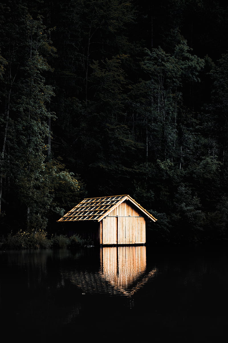 Wood Cabin, camping, light, night, river, spring, woods, HD phone wallpaper