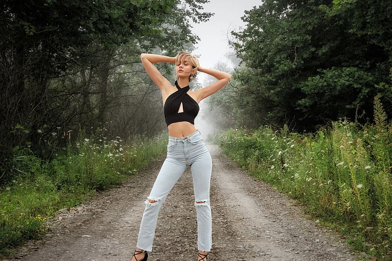 Lana Lane Posing on a Dirt Road, forest, model, jeans, blonde, road, foggy, HD wallpaper
