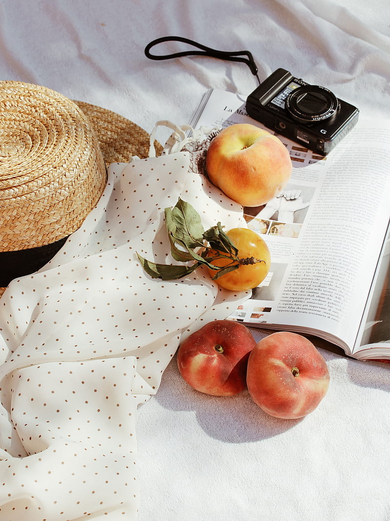 camera, peaches, fruit, magazine, fabric, HD phone wallpaper