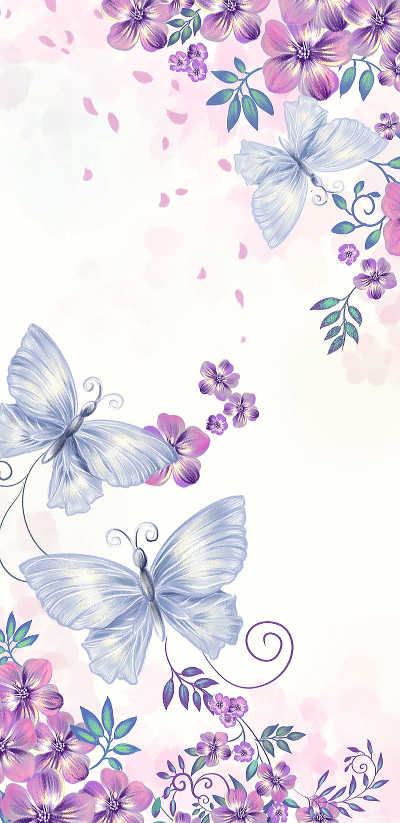 PastelButterflies, butterflies, pastel, flowers, bonito, pretty, girly, purple, HD phone wallpaper