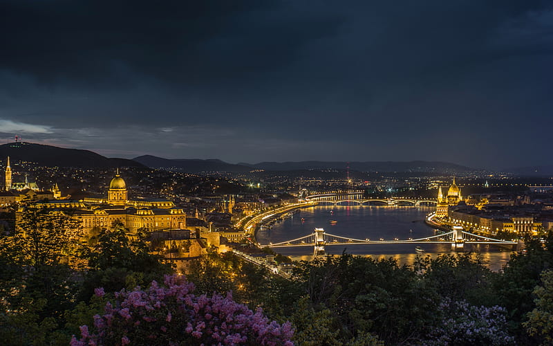 Budapest, evening, Danube, bridges, city panorama, night, city lights, Hungary, HD wallpaper