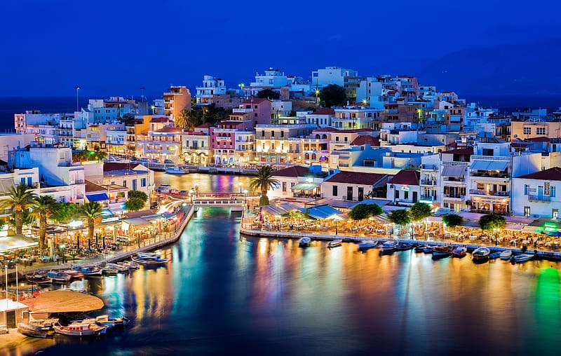 Night, Reflection, Light, House, Village, Greece, Crete, HD wallpaper