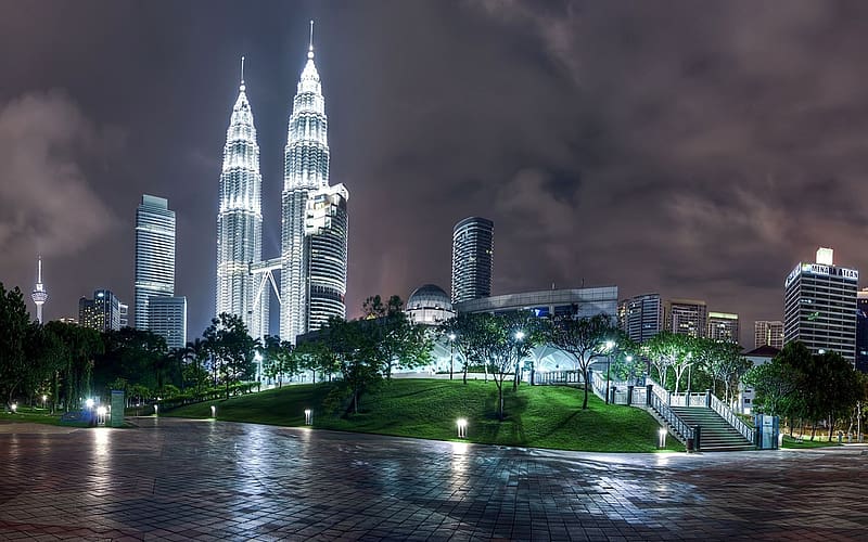Landscape, Night, City, Skyscraper, Building, Light, Evening, Country, Kuala Lumpur, Malaysia, High Rise, , Petronas Towers, HD wallpaper