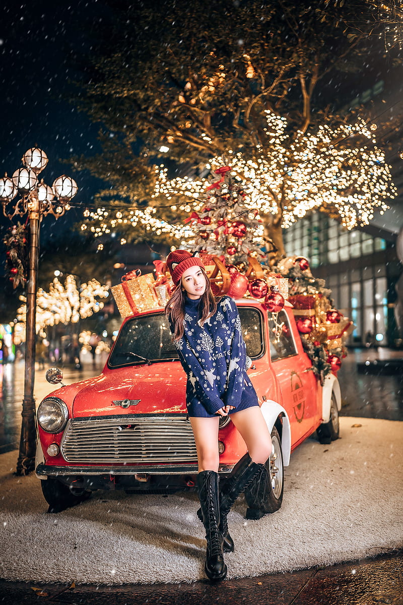 car, vehicle, Asian, women, model, Christmas, women with cars, women with hats, Christmas ornaments , red cars, lights, legs, boots, hat, looking at viewer, Sexy Funk Pig, Chinese, Chinese model, HD phone wallpaper