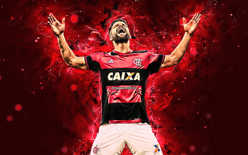 Diego Ribas Flamengo FC, striker, brazilian footballers, Diego, goal, soccer, Brazilian Serie A, neon lights, Brazil, HD wallpaper