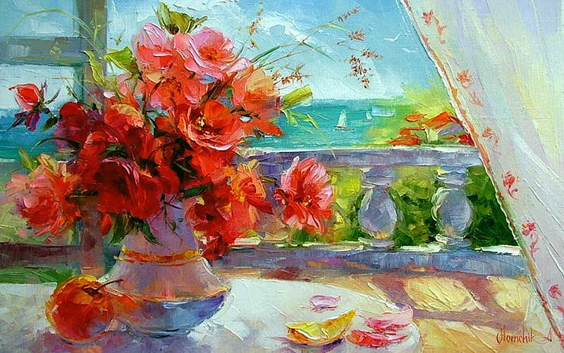 Beautiful Varanda F1, varanda, art, window, romance, anna homchik, curtains, artwork, floral, love, painting, wide screen, flower, beauty, homchik, HD wallpaper Beautiful Varanda F1, varanda, art, window, romance, anna homchik, curtains, artwork, floral, love, painting, wide screen, flower, beauty, homchik, HD wallpaper
