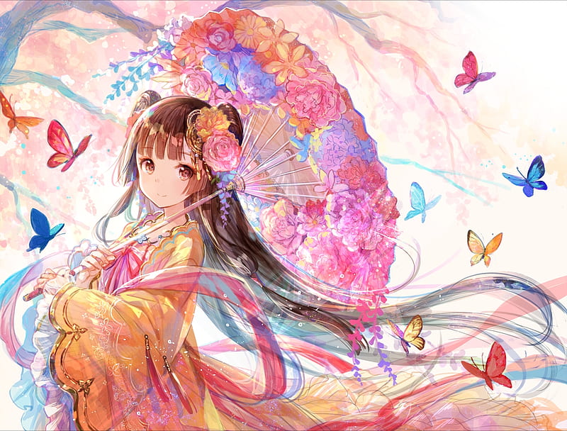Flowered Umbrella, pretty, colorful, umbrella, bonito, cherry blossom, sweet, anime, beauty, anime girl, long hair, pink, black hair, female, lovely, japanese, colors, butterflies, kimono, cute, girl, lady, HD wallpaper