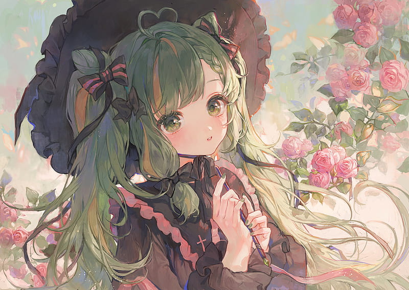 Anime Girl Green Eyes Green Hair Rose Twintails Hd Wallpaper Peakpx 