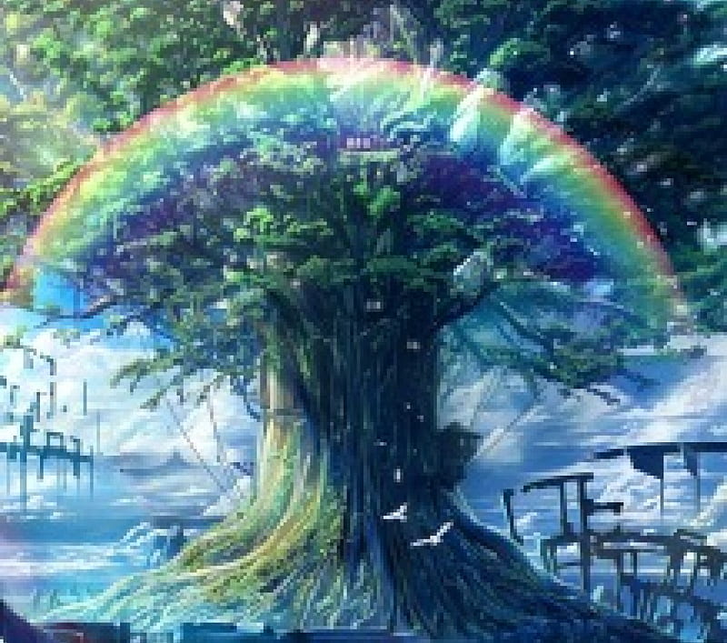 Rainbow treehouse, world, art, treehouses, rainbow, sky, clouds, tree, fantasy, magical, land, HD wallpaper