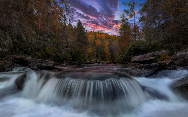 waterfall, mountain river, forest, evening, sunset, river, USA, HD wallpaper