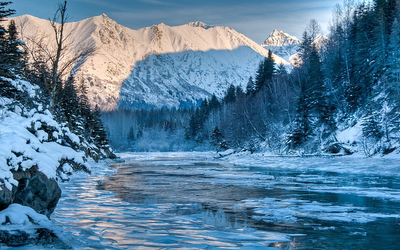 Alaska, winter, river, mountain, America, USA, HD wallpaper