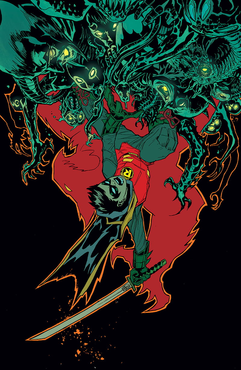 Damian vs Demons, damian wayne, dc, dc comics, robin, batman, HD phone wallpaper