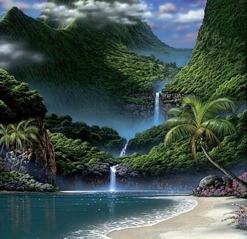 cascading waterfalls, mountains, waterfall, nature, cascade, lake, palms, HD wallpaper